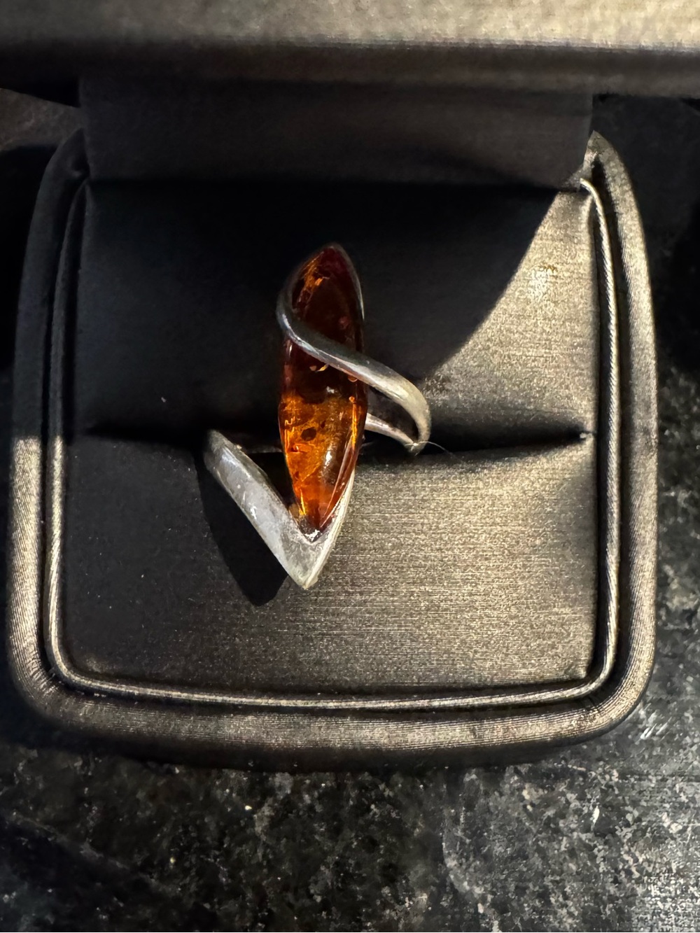 Sterling Silver Amber Marquise Ring - Cognac Amber Size 8